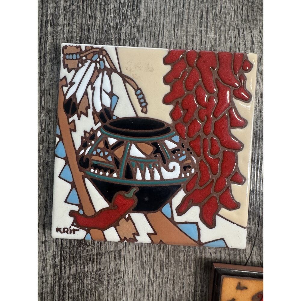 Vintage Earthtones Southwestern Art 6” Tiles Set 1990s Hand painted KRIT - Picture 3 of 11